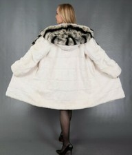 Med New! White Sheared Beaver Fur Coat Hooded Rex Chinchilla Amazing Soft Jacket