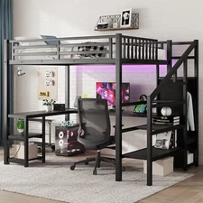 Metal Full Loft Bed with Wardrobe, LED Light, Desk and USB for Kids Teens Adult