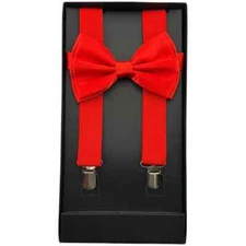 Red Adult Suspenders & Matching Bow Tie BOXED Set Wedding Prom Adjustable