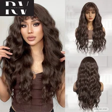 Brown Curly Synthetic Wigs Bangs Long Layered Wavy Wig for Women Natural Hair
