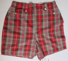 VTG 50s RED BROWN TAUPE PLAID SHORTS BUTTON SCALLOP POCKETS CUSTOM BELT LOOP S M
