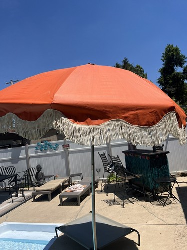 7ft Rare Vintage orange W/flowers Outdoor Patio Umbrella Cotton Fringed - Picture 2 of 16