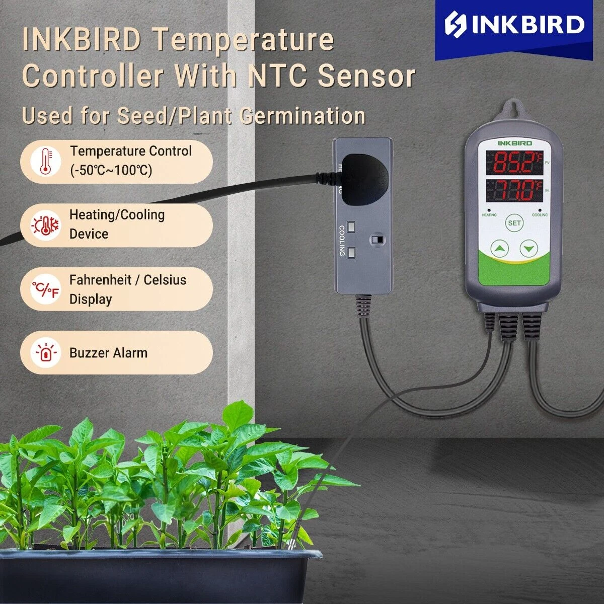 Inkbird Digital Temperature Controller Thermostat High Low Alarm Heat Cool US