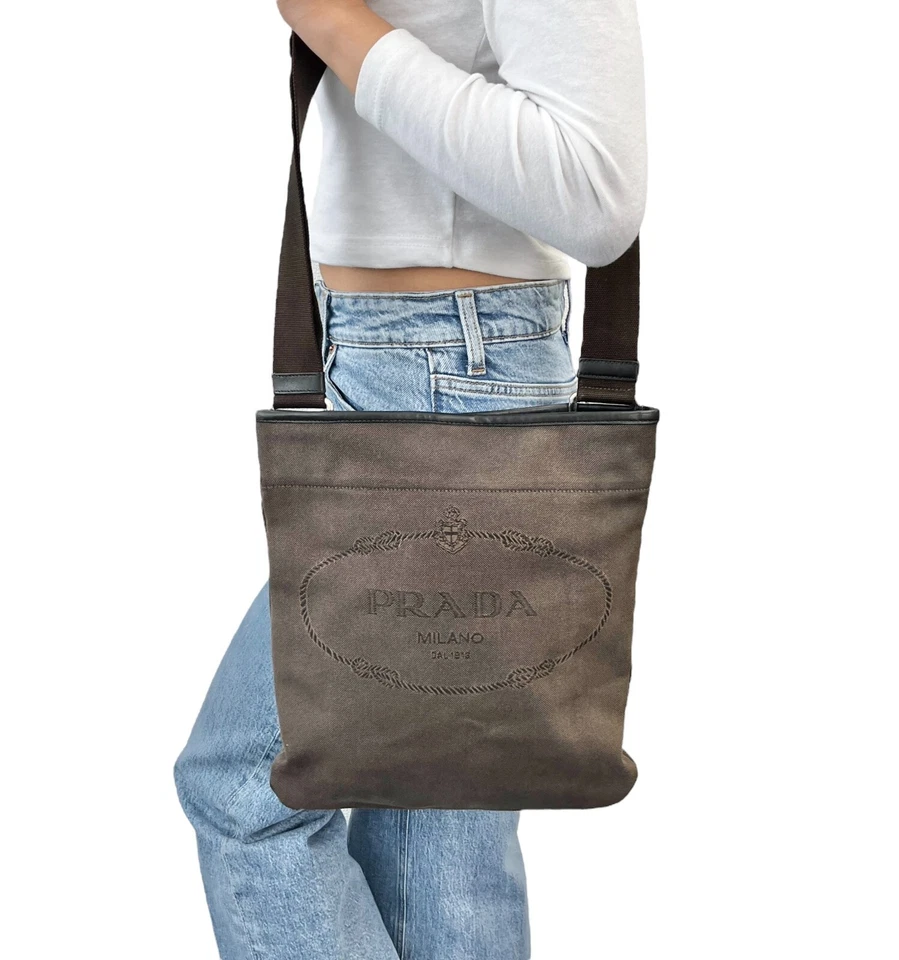 Bolso Bandolera PRADA Vintage Logo Marrón Plata Algodón Cuero Foto 4 de 4