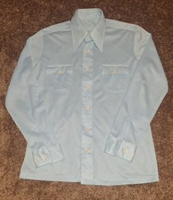 Vtg 1970s Men's Blue Polyester Disco Shirt Big Point Collar 2 Pocket