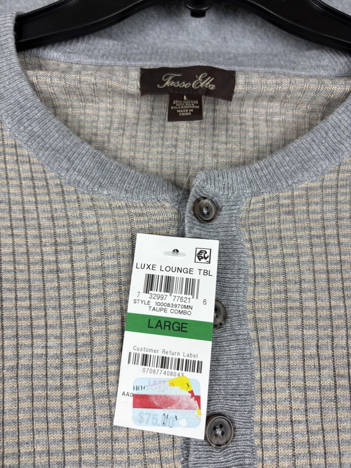 Suéter de salón Tasso Elba Luxe para hombre grande gris topo Henley algodón seda cachemir Foto 2 de 4