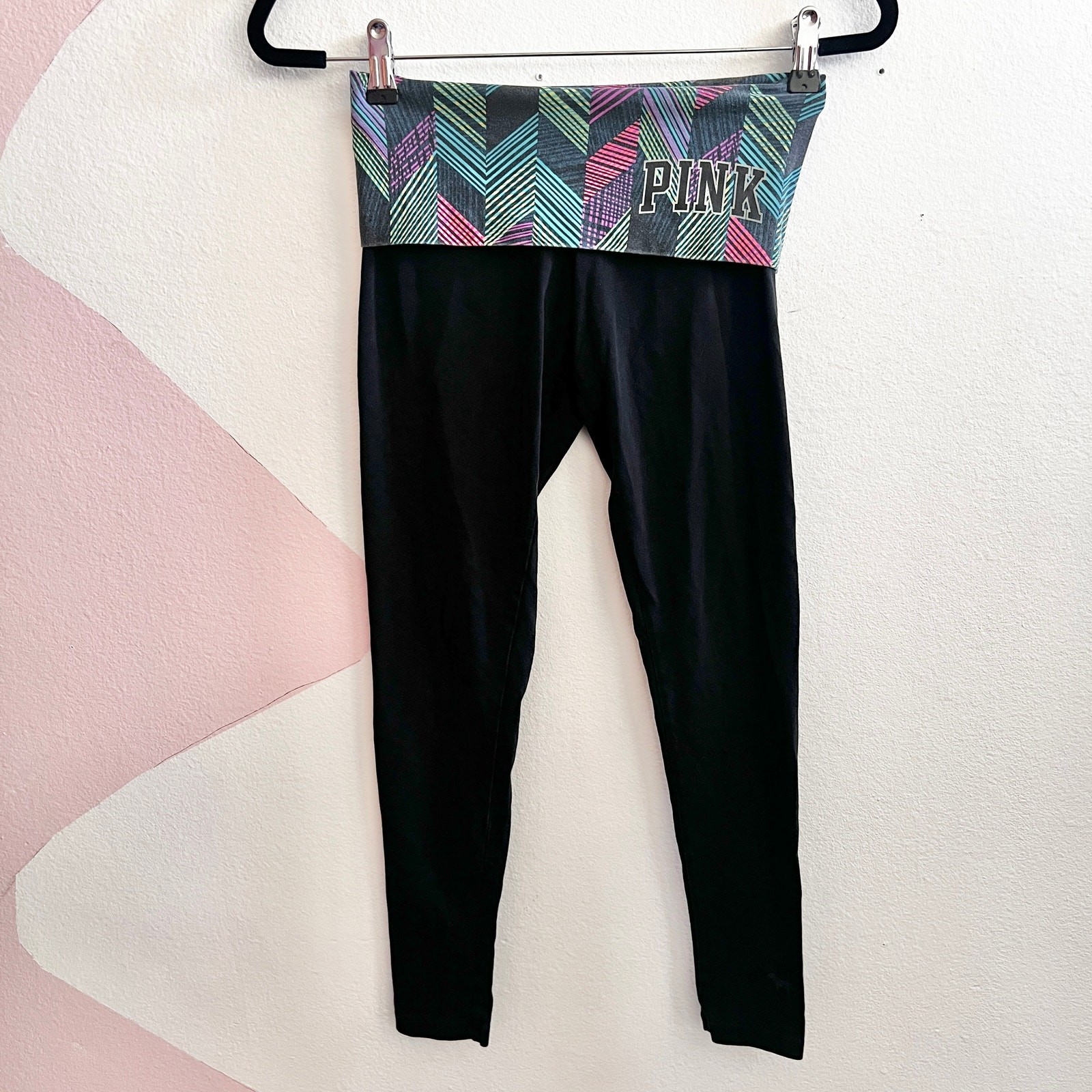 Victorias Secret PINK Black Logo Fold Over Leggings Y2K 2000s Stretch Yoga XS