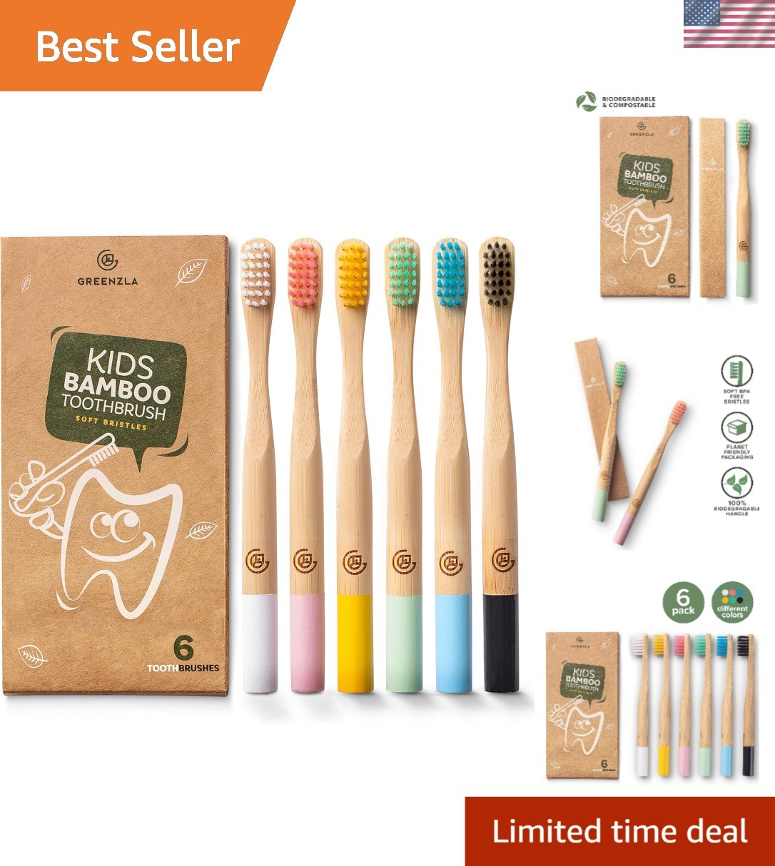 Gentle Charcoal-Infused Bamboo Toothbrush Set for Kids - 6-B