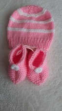 Newborn Baby Hat and booties Hand Knitted, Pink and White