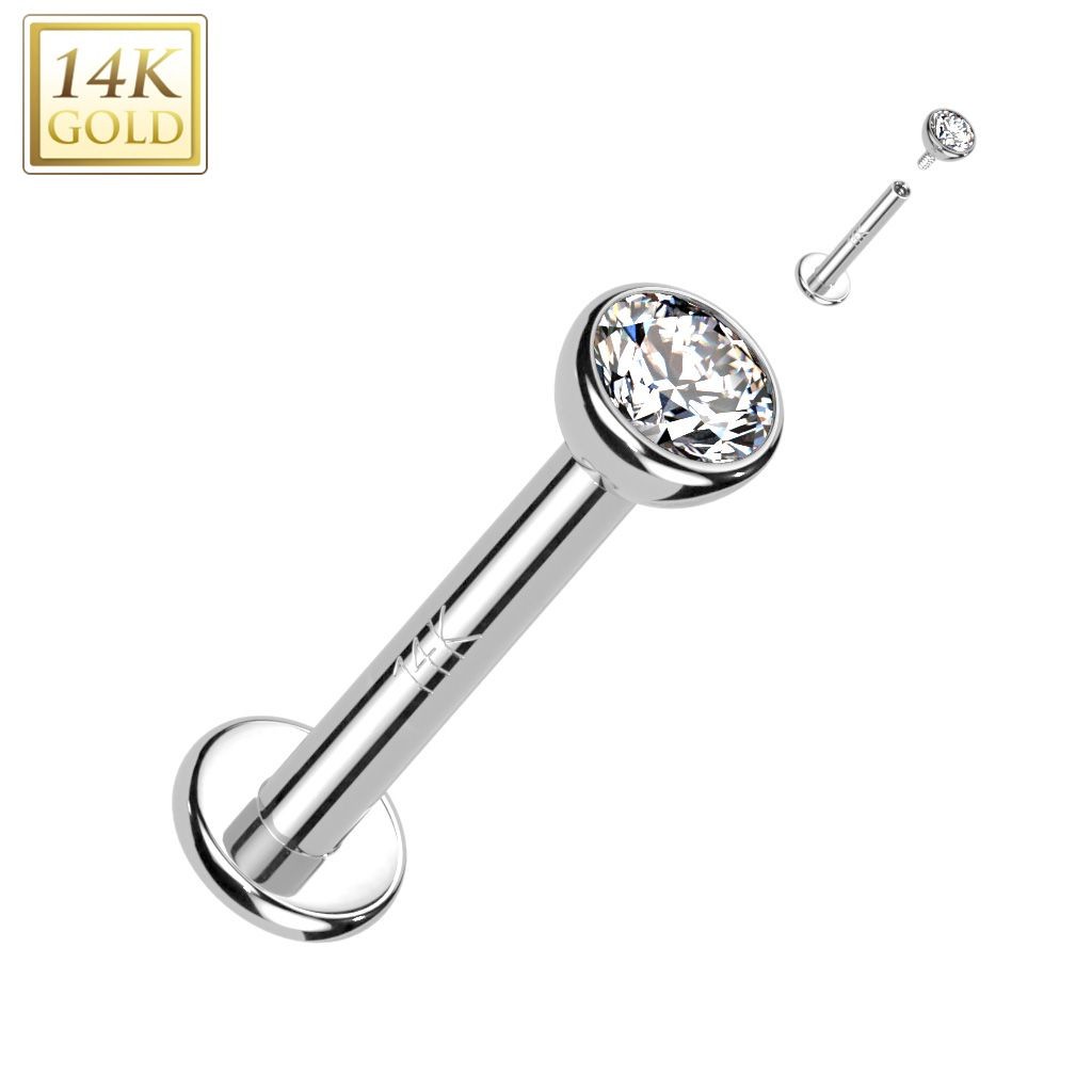 Piercing Labrado Oreja Oro Blanco 14 Quilates Tornillo Interno Circonita