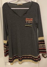 Muisey Tunic Dress Sz M Gray W/Multicolor Design Long Sleeve V-neck Pocket Boho