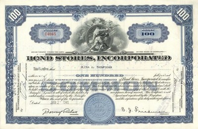 Bond Stores Inc. - Famous Department Store - 1940's-50's dated Stock Certifica