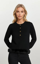 Vintage Chanel Black Wool Sweater With Mink Trim CC Logo Gold Buttons 40
