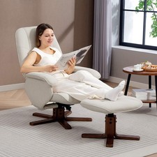HOMCOM Linen Swivel Recliner Chair with Footstool, Upholstered Reclining Armchai