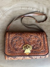 Vtg Hand Tooled Leather Purse Brass Clasp Florals Leather Stitching Southwestern