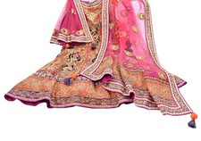 Indian Heavy Wedding Orange pink Net Hand Embroidered Designer Lehenga 2pcs Set
