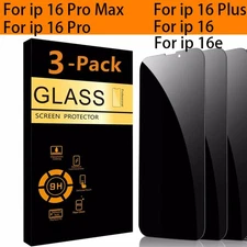 3 Pack for iPhone 16 Pro Max Plus 16e 16 Privacy Tempered Glass Screen Protector