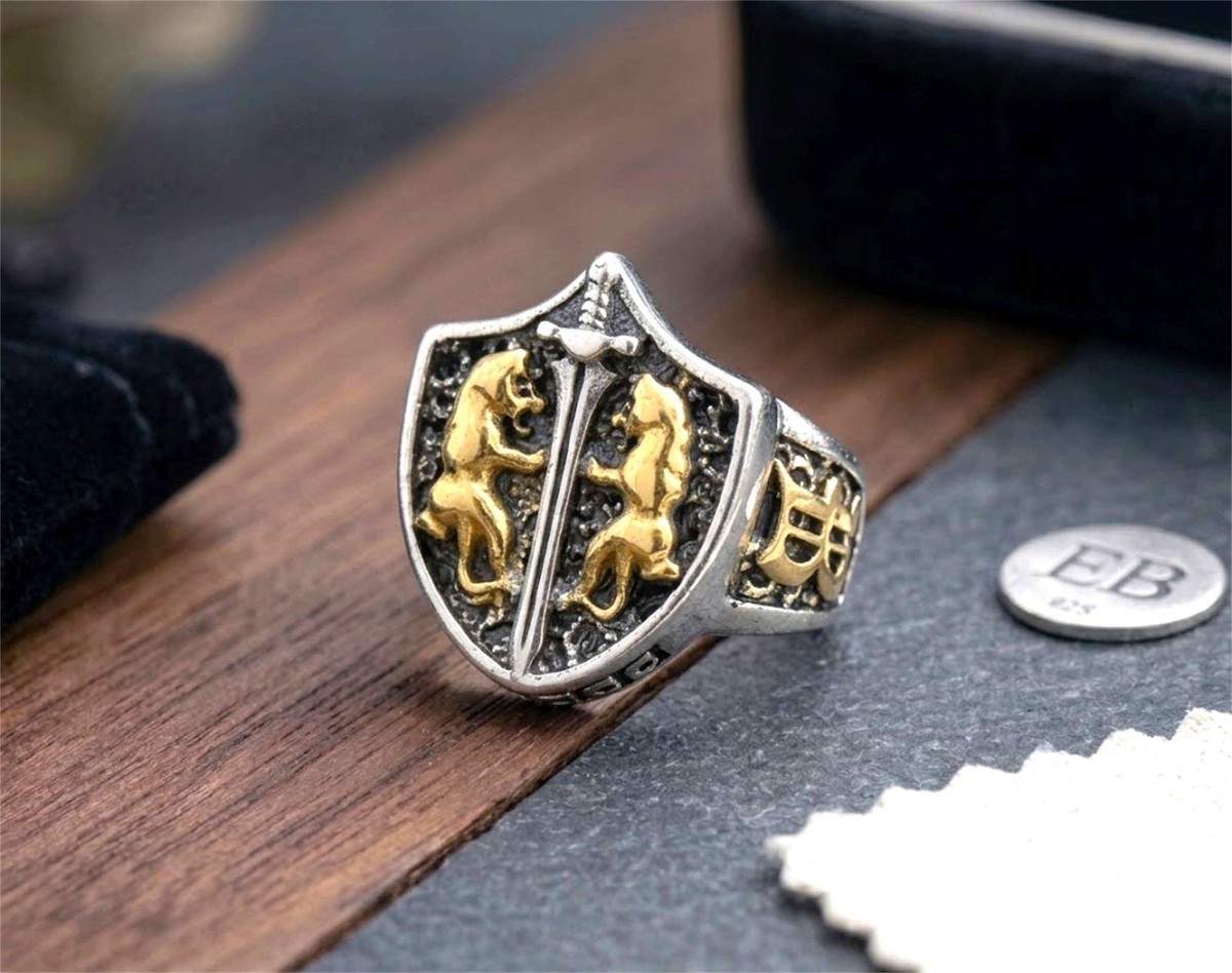 Signet Ring • Double Lion Shield • Letter B Side Design • Size