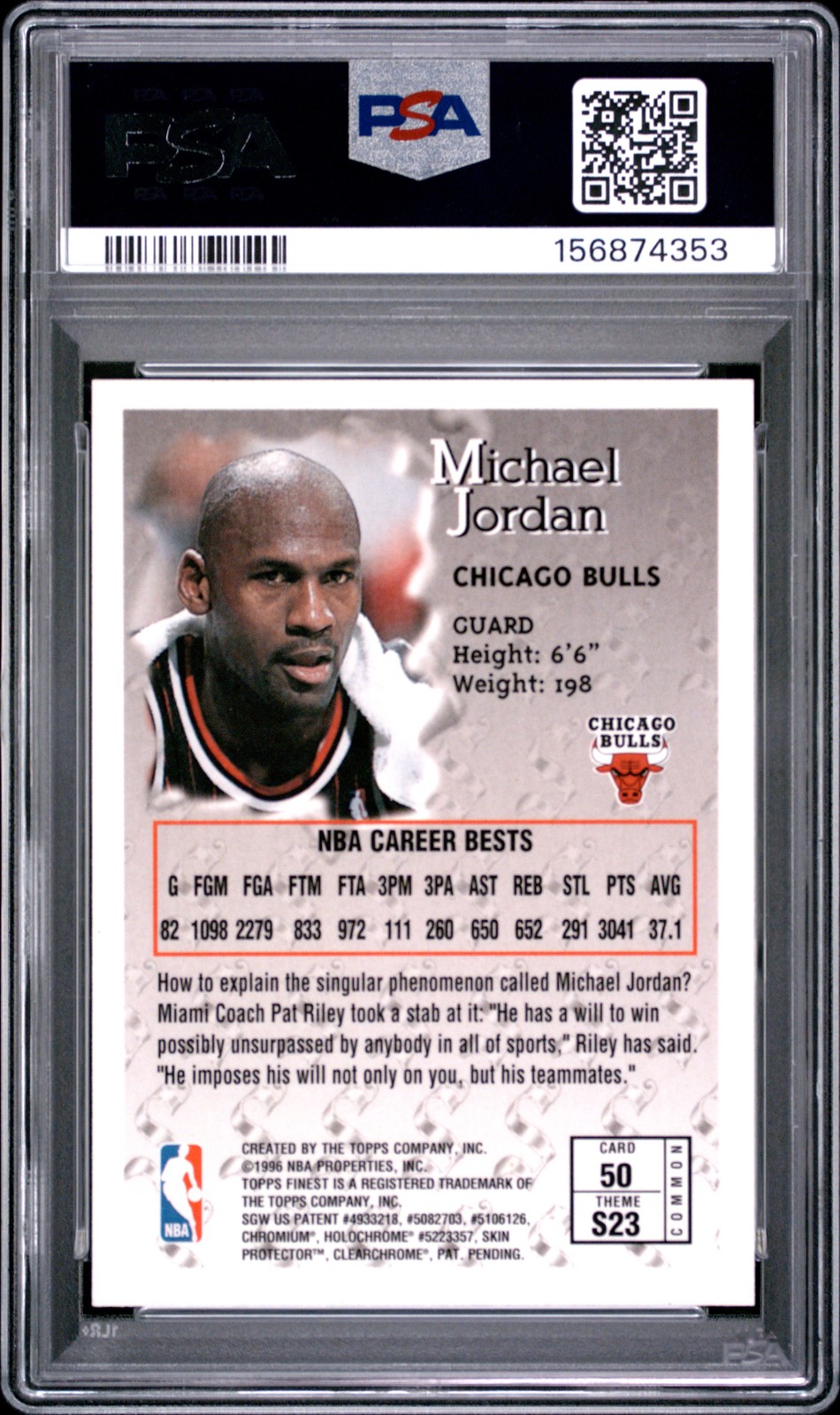 1996 TOPPS FINEST #50 MICHAEL JORDAN PSA 9 view 2