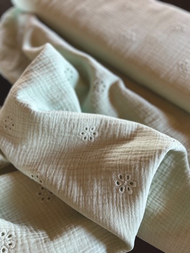 Double layer Sage Green Eyelet Muslin gauze fabric 100% cotton By The Yard