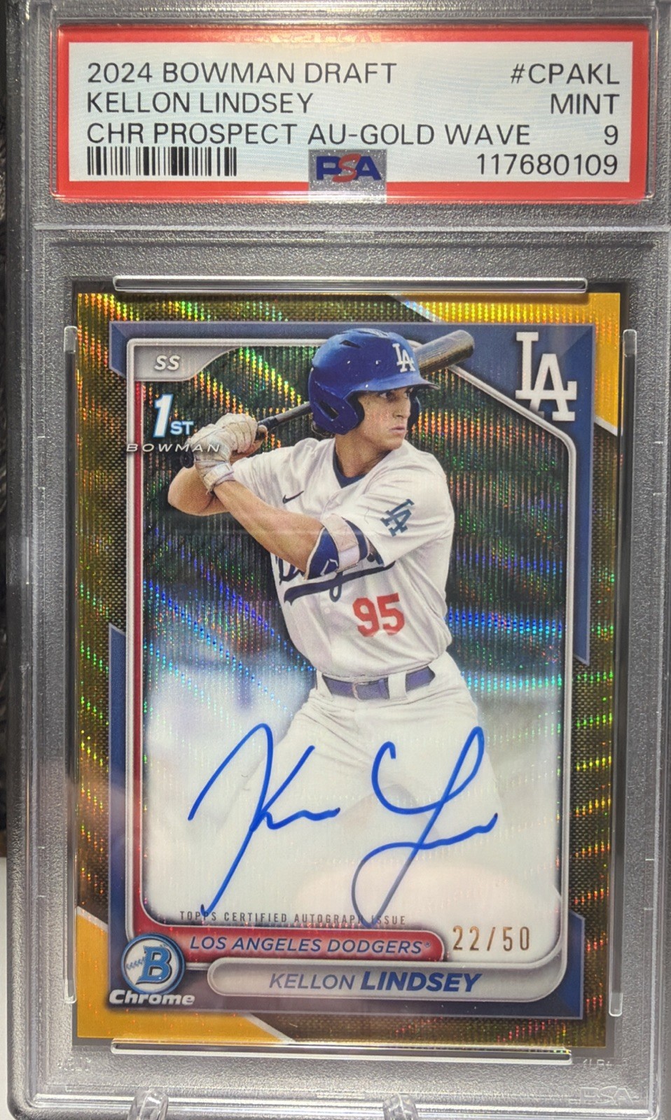 2024 Bowman Draft Kellon Lindsey 1st Chrome Auto Gold Wave 22/50  #CPA-KL Dodger