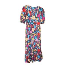 Women's S Navy Multicolor Floral Maxi Dress VNeck 3/4 Puff Smocked vibrant color