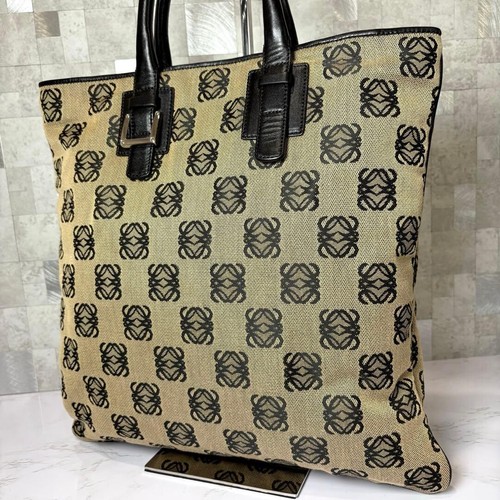 LOEWE Anagram Canvas Leather Tote Bag Beige Black A4 Storage Auth