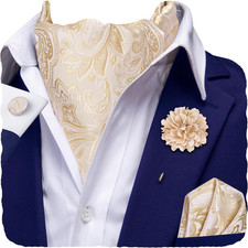 Silk Ascot for Men Self Tie Men's Cravat and Flower Lapel Pin Handkerchief Cuffl