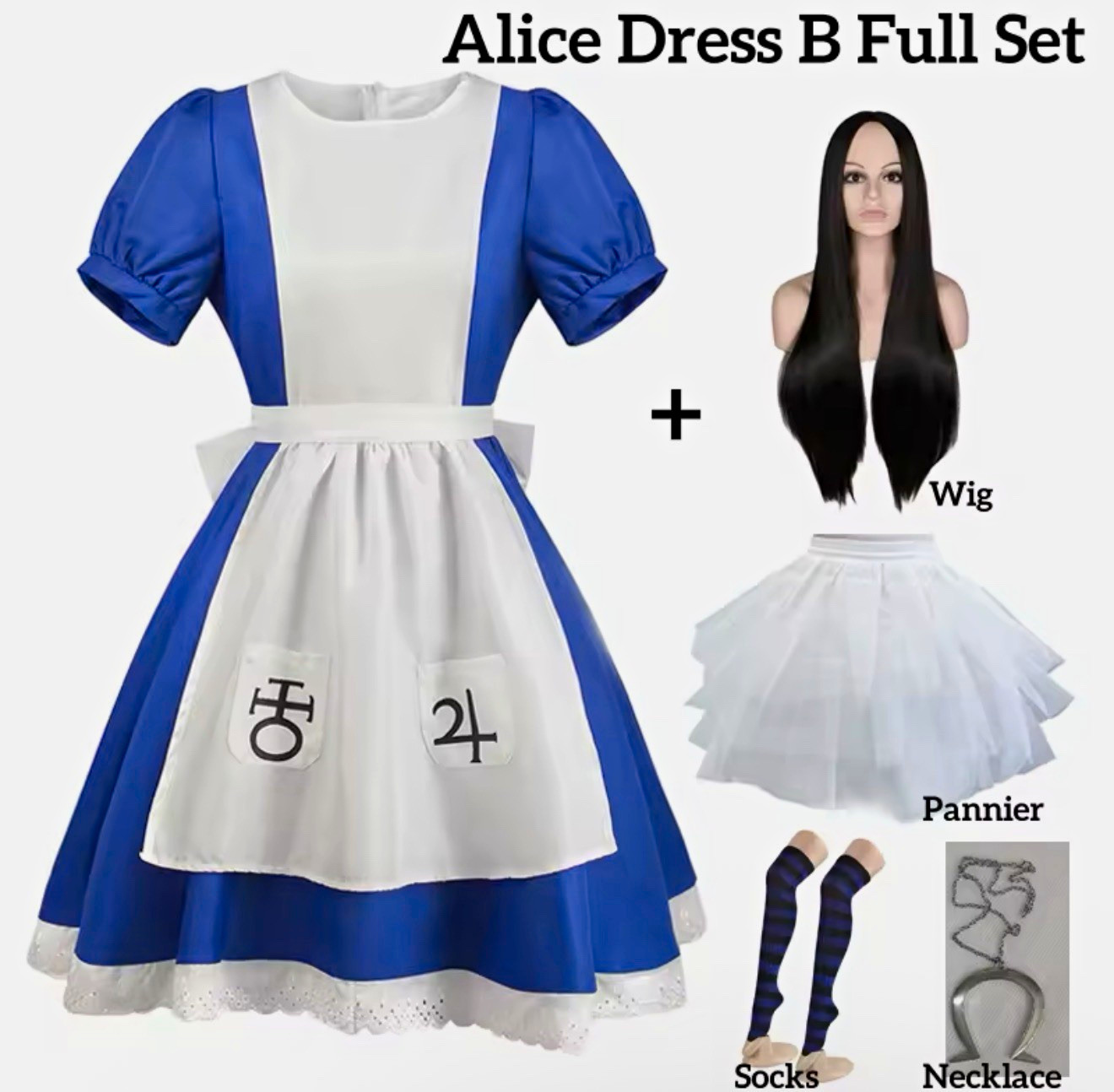 Alice and madness Cosplay Complete Outfit One Size Blue/White w/ Wig Pannier Al