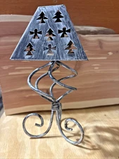 Tea Light Candle Holder Lamp Metal Shade with Angel & Tree Cutouts 8.5"H