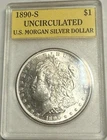 1890-S BU Morgan silver dollar. Sealed in PandaAmerica Uncirculated slab..