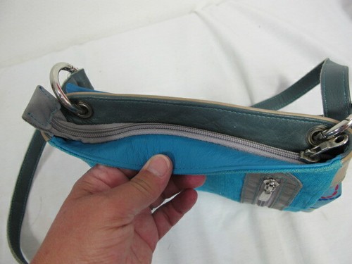 VINTAGE TATIKA PURSE TURQUOISE BLUE CIRCLES- BLUE GREY LEATHER SIDE BAG - Picture 8 of 9