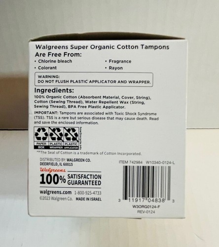 Tampones compactos de algodón orgánico súper absorbente Walgreens - Imagen 2 de 3