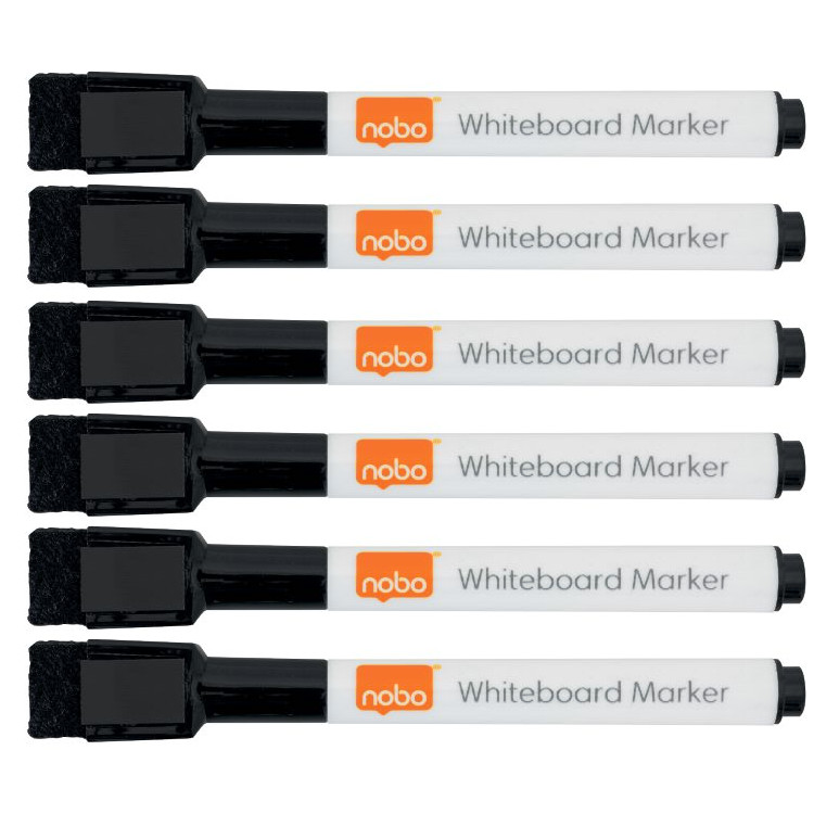 Nobo Rexel Whiteboard Markers with Magnetic Cap and Eraser. Pack of 6.