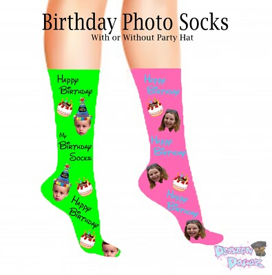 Maßgeschneiderte Geburtstagsfotosocken personalisiertes Alter, Hut, Kuchen Geburtstagsgeschenke