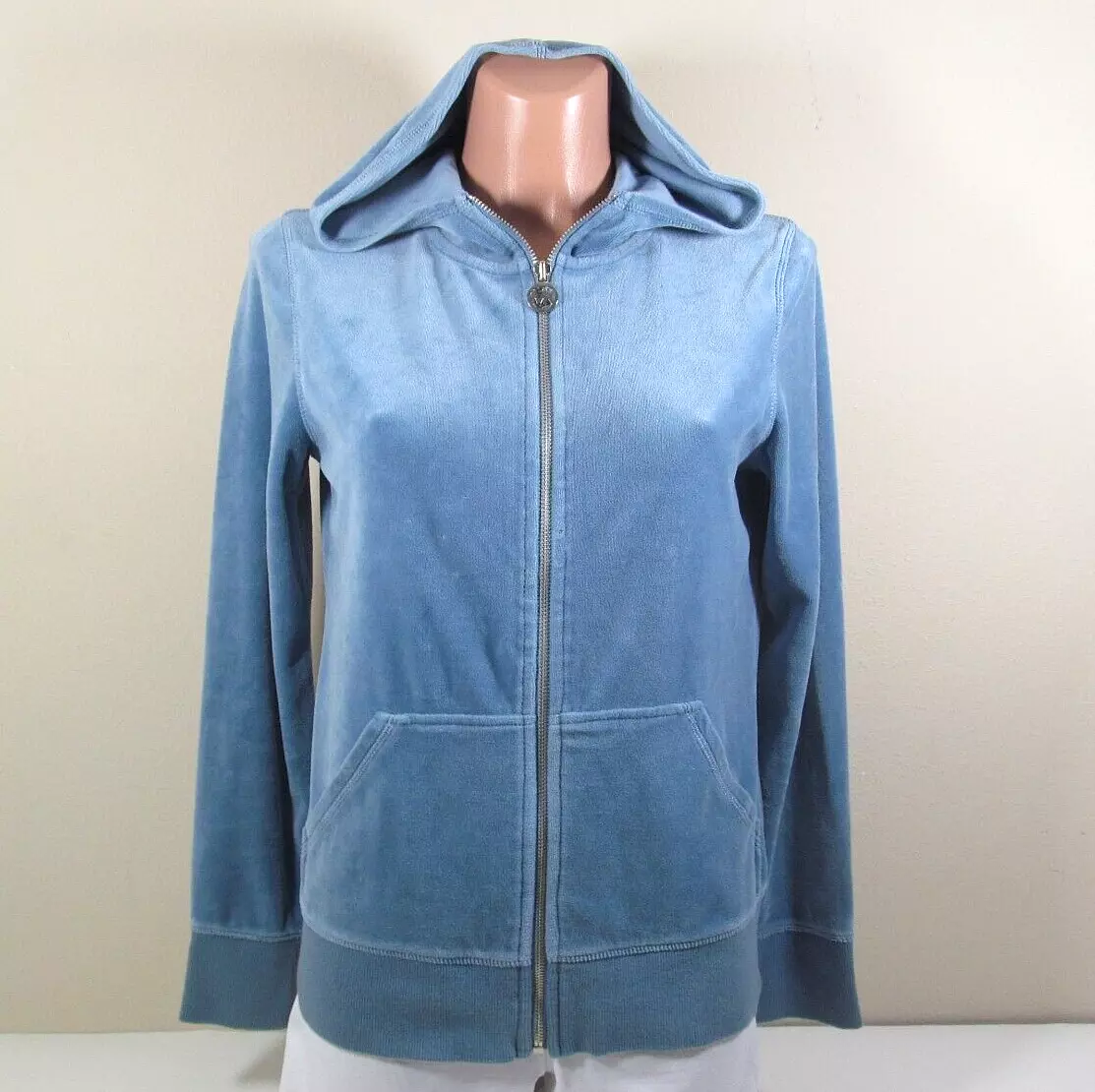 MICHAEL KORS Womens M Long Sleeve Sky Blue Zip up Velour Hoodie Kangaroo Pockets