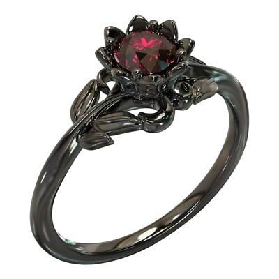 Lotus Red Simulated Ruby Women s Ring Black Gun Metal Size 7  ️