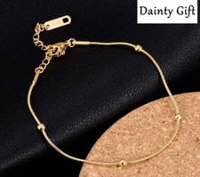 Women Girl Titanium Stainless Steel 3 mm Gold Bead Snake Chain Bracelet 6-8"