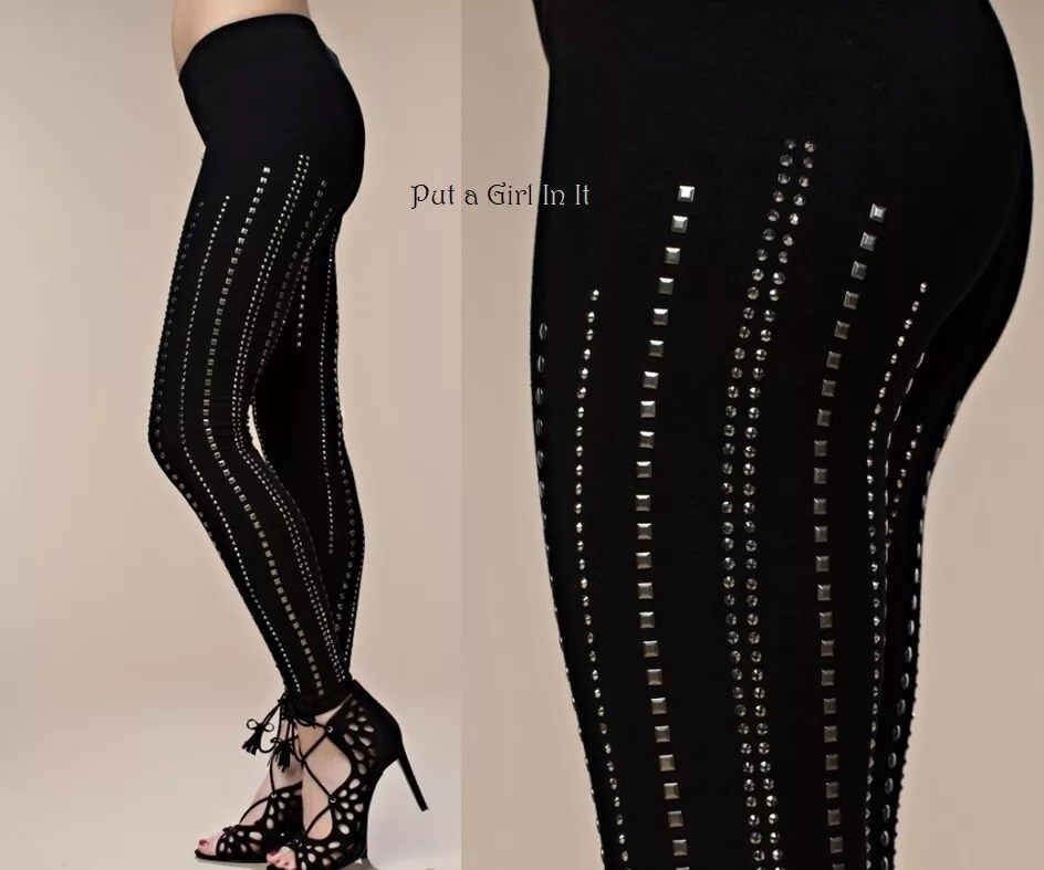 New VOCAL Womens SOFT ALL OVER STUD STUDDED BLACK STRETCH LEGGINGS S M L XL