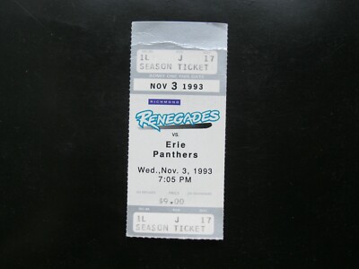 Richmond Renegades Ticket Stub vs Erie Panthers 11/3/93 ECHL