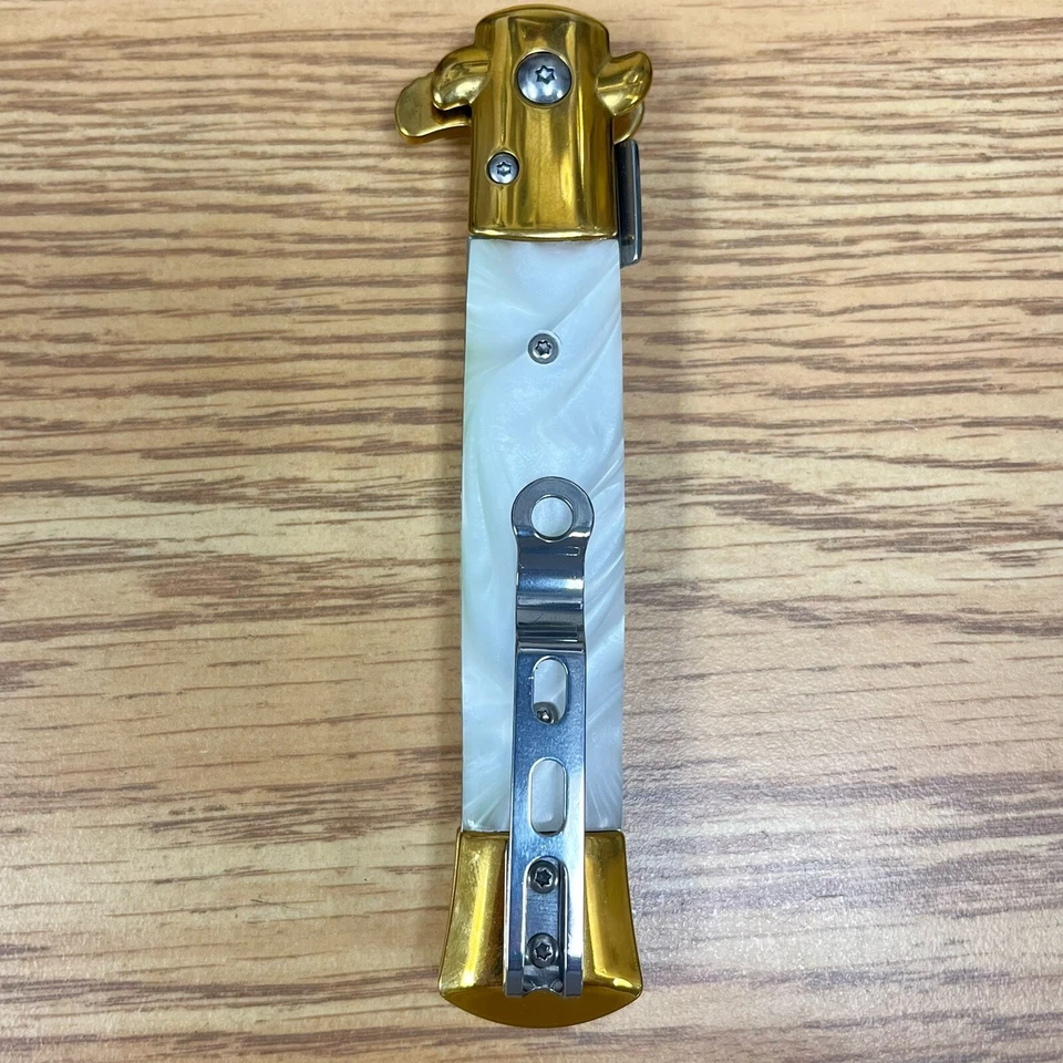 Navaja de Bolsillo Plegable EDC Hoja Abierta Asistida por Resorte Blanco Dorado Táctico 9" Regalo Foto 3 de 4