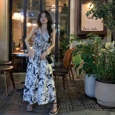 Women's Ink Print V-Neck Halter French Fashion Elegant Floral Loose Casual Dress