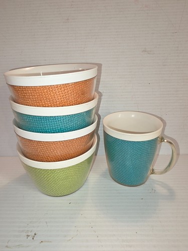 Vintage RAFFIA WARE Mid Century Burlap Melamine Fruit Dessert Bowls coffee cup
