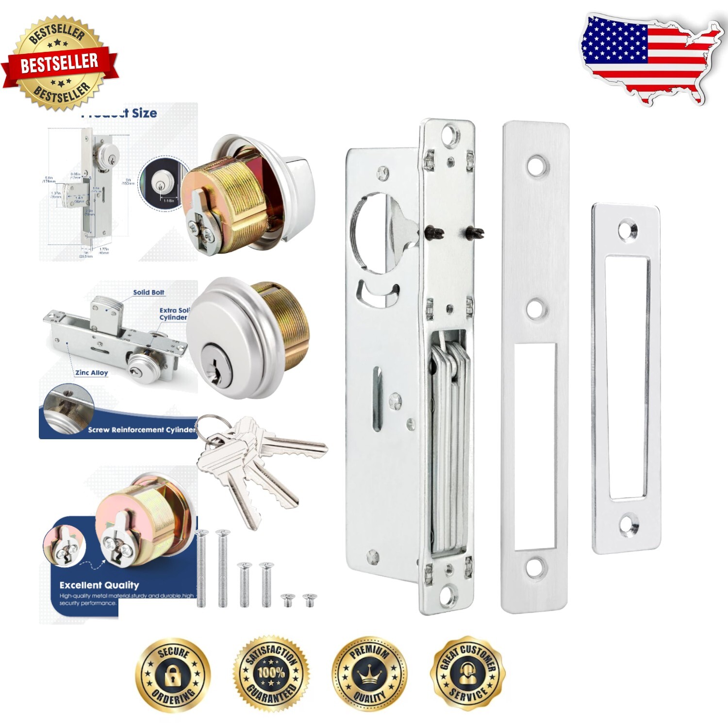 High-Security Aluminum Commercial Mortise Door Lock with 3 Keys - Modern Design