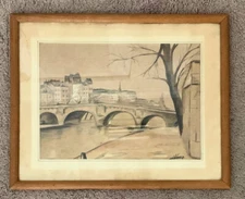 The Pont Neuf In Winter Framed French Post-Impressionism Ink Drawing Litho