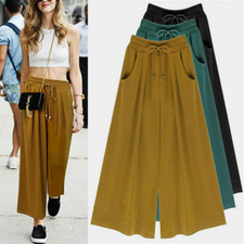 Ladies Casual High Waist Palazzo Wide Leg Trousers Loose Culottes Flared Pants