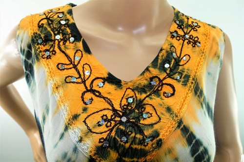 California Woman Plus One Free Size Tie Dye Black Yellow Boho Tunic Top Blouse - Picture 2 of 11