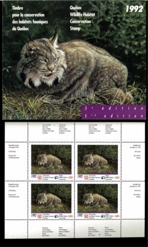 QUEBEC #5MS 1992 LYNX SURCHARGED +$3.50 CONSERVATION MINI SHEET OF 4 IN FOLDER - Picture 1 of 1