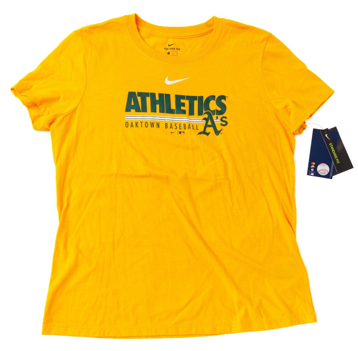 Oakland Athletics A's Baseball Nike Tee T-Shirt DRI-FIT Womens L Yellow NEW