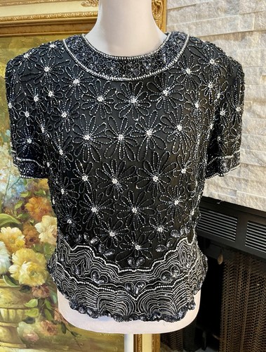 Top PAPELL Boutique Seda Floral Cuentas Lentejuelas Pequeño Grande - Imagen 1 de 12